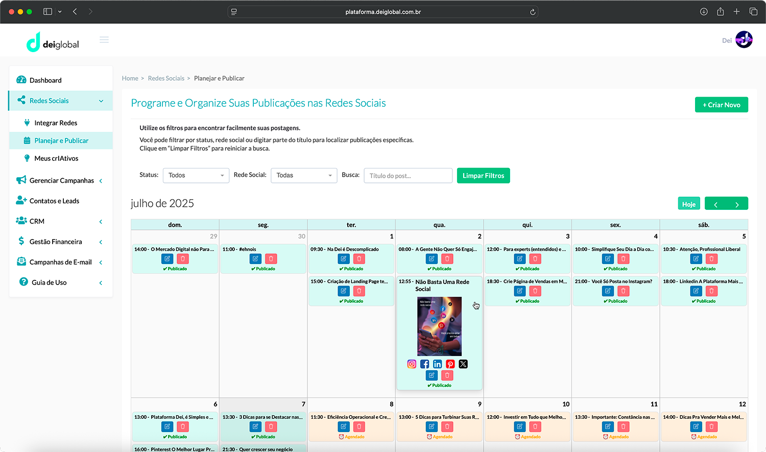 Dashboard da plataforma Dei Global